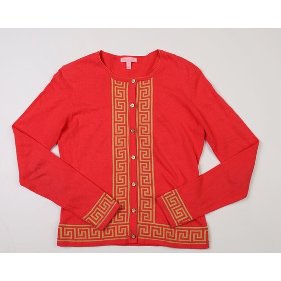 XS Lilly Pulitzer solid fuchsia pink cardigan sweater with gold Greek trim - Picture 1 of 3